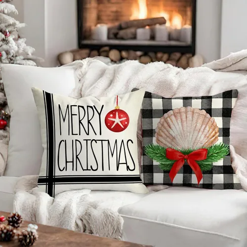 Vista 2 de Fahrendom Juego de 4 fundas de almohada decorativas náuticas de Feliz Navidad, 18 x 18 pulgadas, funda de almohada con ancla de Navidad costera