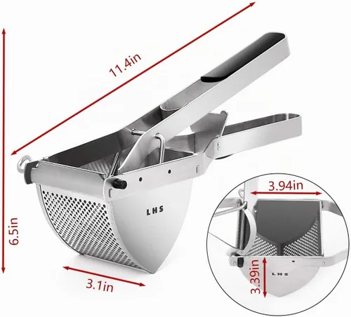 Vista 7 de LHS Ricer y triturador de papas de acero inoxidable, triturador de alimentos comercial resistente, agarre ergonómico cómodo, capacidad extragrande