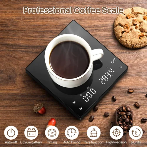 Vista 3 de Meilen Mini báscula de café espresso con temporizador, precisión de 0.00 oz, recargable por USB, 6 unidades de peso, báscula digital de 4.4 lbs