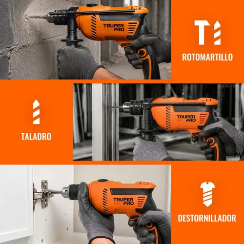 Vista 4 de Truper Taladro de martillo rotatorio profesional de 1/2" 700W, 110V, 5A, naranja