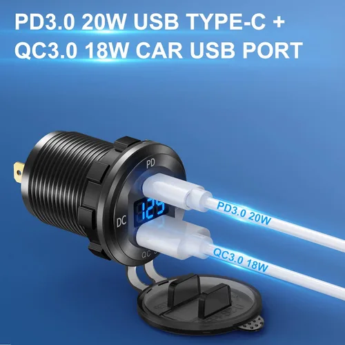 Vista 2 de Enchufe de cargador de automóvil de aluminio USB C de 12V, salida de 12 voltios, PD 20W y carga rápida 3.0 18W, puerto USB de automóvil impermeable