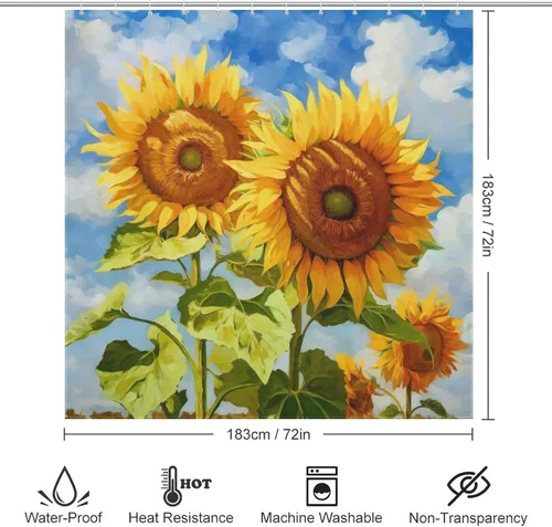 Vista 6 de YLATY2314 - Cortina de ducha de girasol para baño, pintura al óleo, hojas verdes, flores, bohemio, tela amarilla abstracta, moderna, impermeable