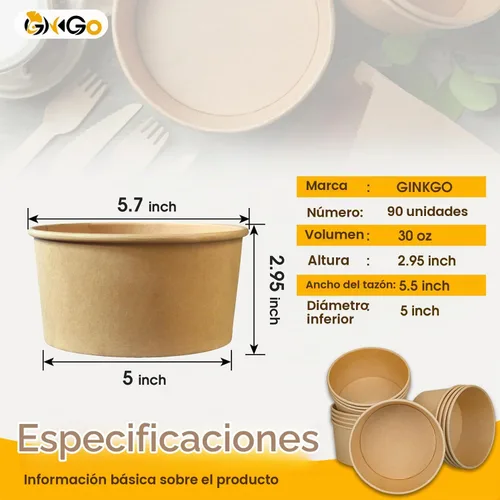 Vista 3 de Ginkgo - Cuencos de papel desechables extra grandes, 90 unidades, 30 onzas