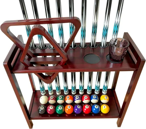 Vista 9 de Soporte de piso para palos de billar con capacidad para 9 tacos y accesorios de mesa de billar. Almacenamiento de palo de madera de 2 niveles