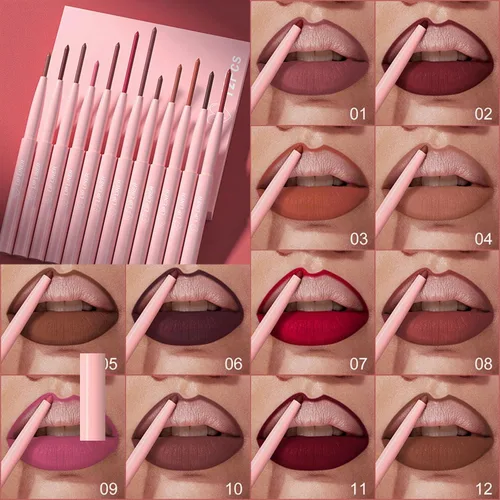 Vista 2 de Baorder Juego de lápices de labios mate de 12 colores, lápiz labial de terciopelo cremoso, de larga duración, impermeable, suave, altamente