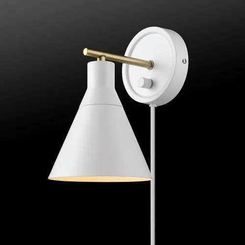 Vista 2 de Globe Electric 65542 - Candelabro de pared de 1 luz con enchufe o cableado, blanco mate, acento en latón, interruptor giratorio de atenuación sin
