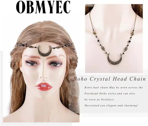Vista 5 de Boho Crecent Moon Head Chain Witchy Forehead Chain Vintage Headband Chain Crystal Head Jewelry for Women