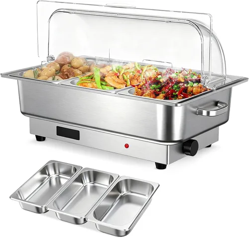 Vista 12 de GarveeHome Juego de bufé eléctrico de acero inoxidable con tapa enrollable con 1 sartén de 9 cuartos de galón, control de temperatura de 400 W