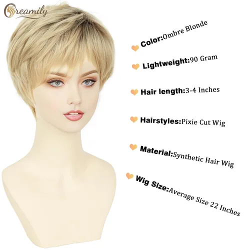 Vista 3 de Creamily Peluca corta rubia de corte Pixie con flequillo para mujer, pelucas sintéticas en capas onduladas con raíces oscuras para mujer, peluca