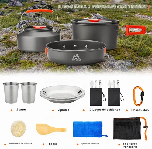 Vista 4 de THTYBROS Kit de utensilios de cocina para acampar de 17 piezas, olla de 0.45 galones, sartén de 7 pulgadas, juego de hervidor de 0.30 galones con 2