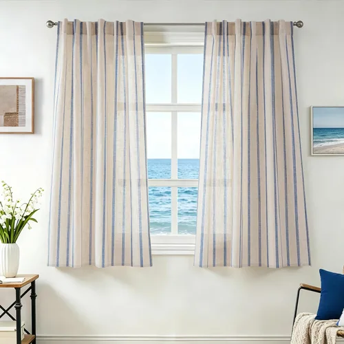 Vista 24 de DriftAway Cortinas de estilo granja con rayas verticales de lino mezclado texturizado con filtro de luz semitransparente para sala de estar