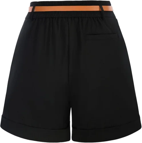 Vista 3 de Belle Poque Bermudas para mujer, cintura elástica, pantalones cortos de pierna ancha con bolsillos y cinturones Negro