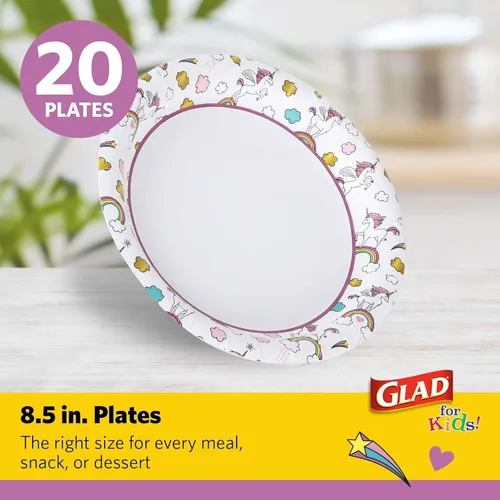 Vista 2 de Glad Platos de papel desechables con temática de unicornio para niños, platos redondos resistentes a prueba de remojo para cumpleaños de niños