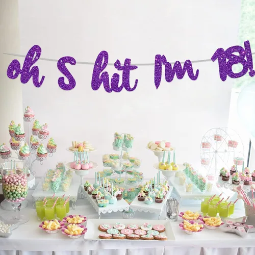 Vista 6 de COOSOAR Oh S*it I'm 18! - Pancarta de fondo con purpurina púrpura Hello 18 Cheers to 18 años de edad, decoración temática para niños y niñas