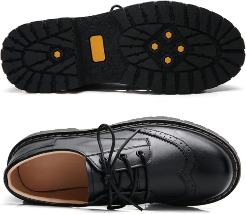 Vista 3 de Zapatos Oxford para mujer, zapatos perforados con cordones y punta redonda de cuero de tacón bajo para niñas y mujeres