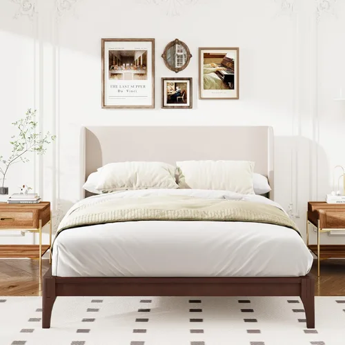 Vista 3 de Merax Moderno marco de cama de bambú tamaño King con cabecero tapizado alto Beige+chocolate