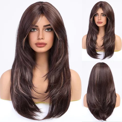 Vista 25 de HAIRCUBE Pelucas Auburn para Mujeres, Pelucas Largas en Capas Naranjas con Flequillo, Pelucas de Fibra Sintética Resistentes al Calor