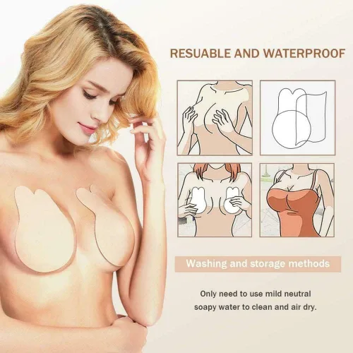 Vista 5 de Sujetador adhesivo sin tirantes de silicona invisible para mujer, vestido sin espalda con pliegues y cubiertas para pezones, color nude, 1-4 pares