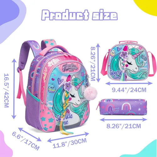 Vista 2 de Mochila para niñas de 16 pulgadas, mochilas para niñas para la escuela, mochila de lentejuelas con lonchera para estudiantes de primaria