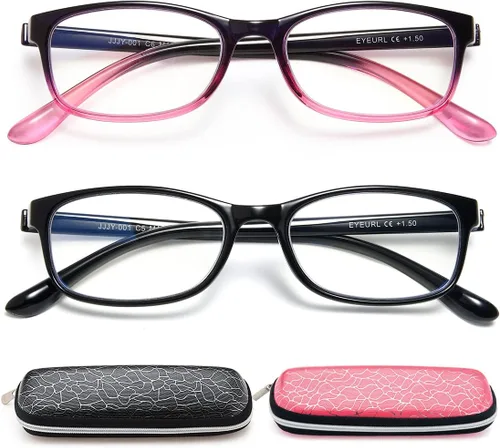 Vista 14 de EYEURL Gafas de lectura para mujer, lentes de bloqueo de luz azul que reducen la fatiga ocular, paquete de 2 unidades, marco TR90 ligero +0.0