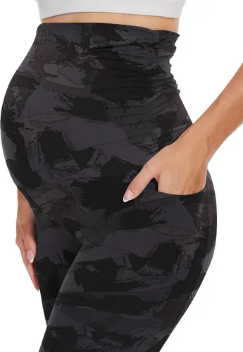 Vista 4 de HLTPRO Paquete de 13 leggings de maternidad sobre el vientre, pantalones de maternidad con bolsillos para mujer, leggings de yoga para entrenamiento