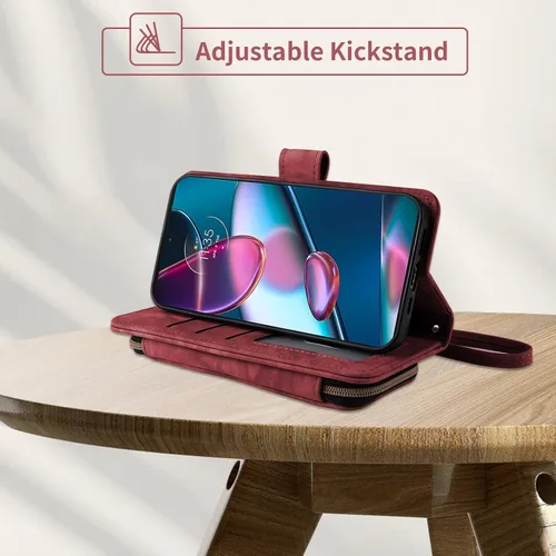 Vista 8 de Funda para teléfono Motorola Edge + Plus 2022/Edge X30/30 Pro con protector de pantalla de vidrio templado, correa cruzada, soporte con cremallera