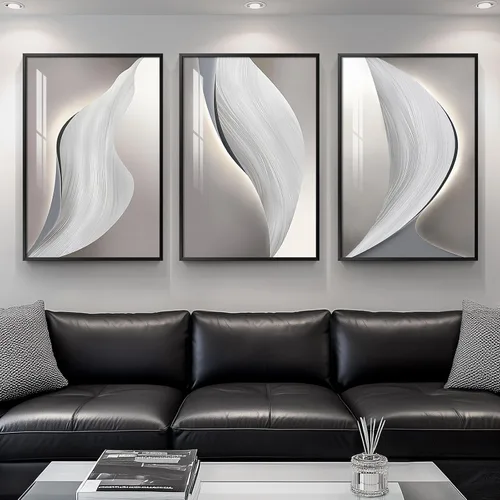 Vista 13 de Juego de arte moderno enmarcado de 3 piezas, arte abstracto de líneas geométricas en blanco y negro, pinturas artísticas de lujo contemporáneas