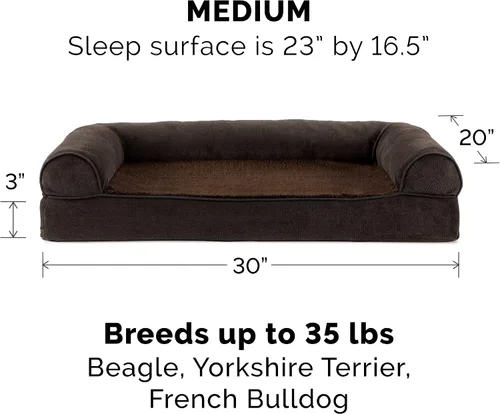 Vista 2 de Furhaven Cama para perro, de espuma viscoelástica, estilo sofá, Sherpa y chenilla, café, M