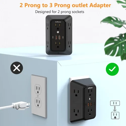 Vista 7 de Regleta de pared con cargador USB, protector contra sobretensiones con 4 puertos USB (2 USB C), extensión de enchufe, múltiples salidas, extensión