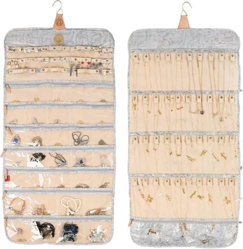 Vista 11 de Angelina's Palace Tenby Jewelry - Organizador de doble cara para colgar en el armario, rollo de almacenamiento de joyas, 24 barras de anillos