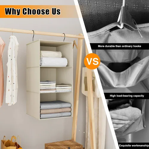 Vista 8 de Organizador colgante para armario y almacenamiento con 3 estantes, estantes colgantes plegables de montaje fácil para guardar ropa, bolsos, zapatos