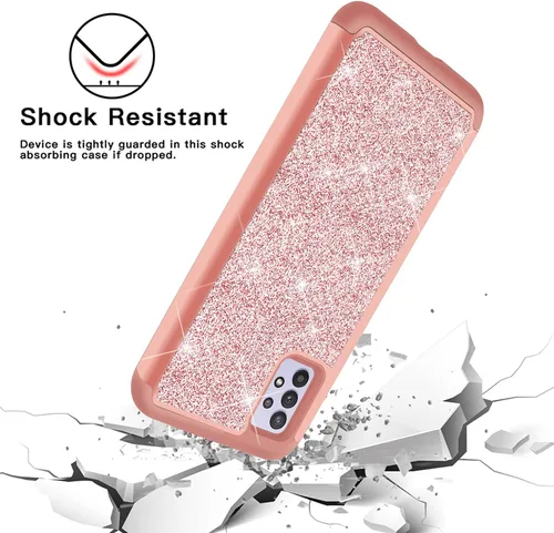 Vista 3 de TJS - Funda compatible con Samsung Galaxy A32 5G (oro rosa) with Tempered Glass Screen Protector Glitter Bling Cute Girls Women Design Dual Layer