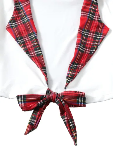 Vista 5 de SweatyRocks Conjunto de lencería para mujer con lazo frontal y falda, rojo (Red Tartan)