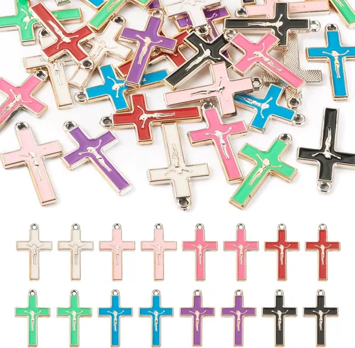 Vista 15 de Dijes de cruz para pulseras, colgantes de cruz de colores, dijes colgantes de cruz de religión para llavero de Pascua, manualidades, collares