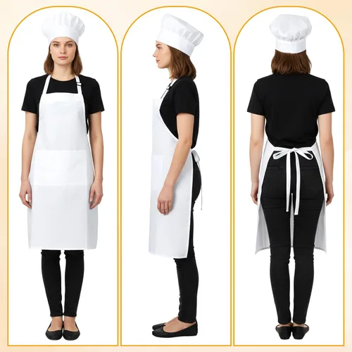 Vista 6 de Tucnoeu Sombrero de chef blanco y delantal para hombres y mujeres, disfraz de chef con 2 bolsillos, disfraz de chef para adultos para cocina
