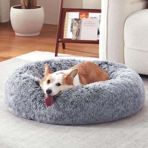 Vista 11 de Cama para perros en forma de dona, tamaño mediano, camas redondas para perros y gatos pequeños y medianos con piel sintética esponjosa lavable, cama