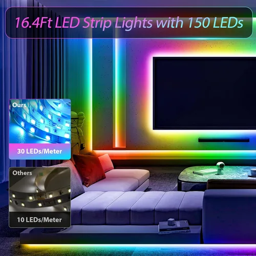 Vista 5 de Tira de luces LED, 150 luces LED RGB de 16.4 pies para TV de 32 a 75 pulgadas por detrás, sincronización de música, control de aplicación, tira LED