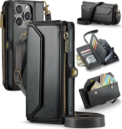 Vista 40 de Strapurs - Funda magnética desmontable para iPhone 15, color negro Compatible with Magsafe, Crossbody Wrist Strap, RFID Blocking 9-Card Holder