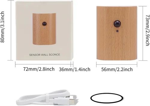 Vista 4 de Lámpara de pared LED de madera, luces nocturnas con sensor de movimiento, apliques recargables, luces para dormitorio