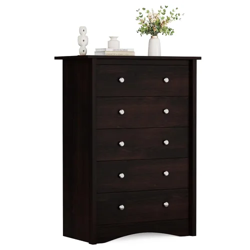 Vista 9 de Flamaker Cómoda alta para dormitorio, cómoda de 5 cajones, cómoda de madera, cómoda ancha, cajones de almacenamiento, organizador de almacenamiento