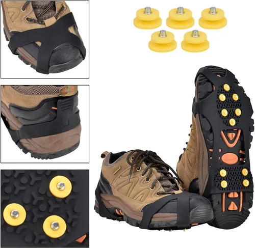 Vista 4 de Manledio Tacos de hielo para zapatos y botas, crampones de acero inoxidable para tracción antideslizante en nieve y hielo, agarres y picos