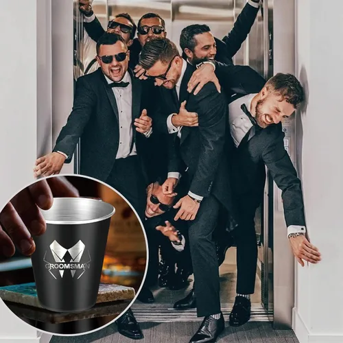 Vista 8 de PartyGifts&beyond 7 vasos de chupito para padrinos de boda para despedida de soltero y día de boda, vasos de chupito de acero inoxidable de 2 onzas