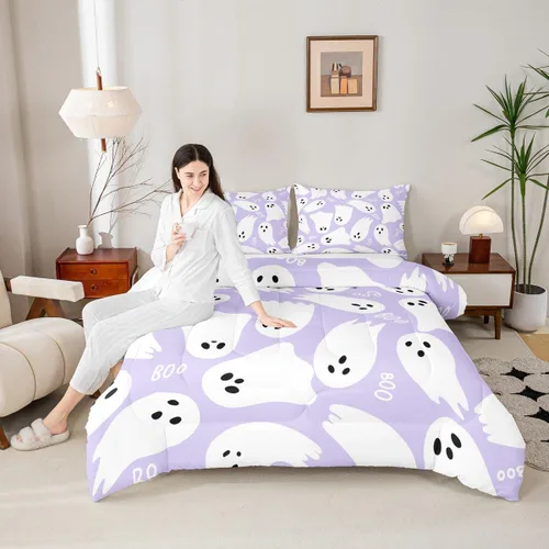 Vista 14 de Castle Fairy Happy Halloween - Juego de edredón para niños, tamaño Queen, juego de ropa de cama con diseño de fantasmas de dibujos animados rosa
