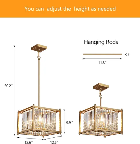 Vista 3 de Q&S Candelabro de oro, moderno candelabro industrial de cristal cuadrado dorado con 4 luces colgantes para comedor, pasillo, entrada, isla