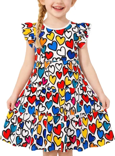 Vista 25 de Vestido casual para niñas, de algodón suave, manga corta, transpirable, acampanado, para adolescentes, talla 2T, 3T, 4T, 5, 6, 7, 8, 9, 10, 12, 13