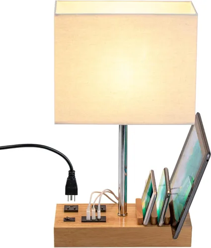 Vista 9 de Briever Lámpara de mesa USB, lámpara multifuncional de mesita de noche con 2 salidas de CA, 3 puertos de carga USB y organizador de soporte