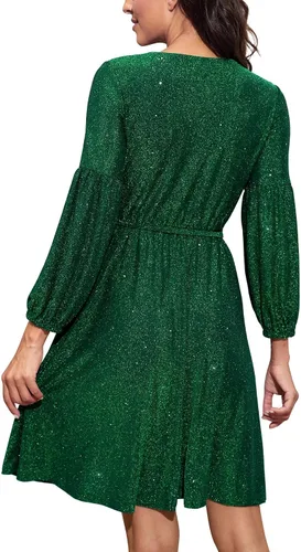 Vista 2 de Dressystar Vestido de lentejuelas con purpurina para mujer, sexy, cuello en V, manga larga, vestido de cóctel y fiesta con cinturón