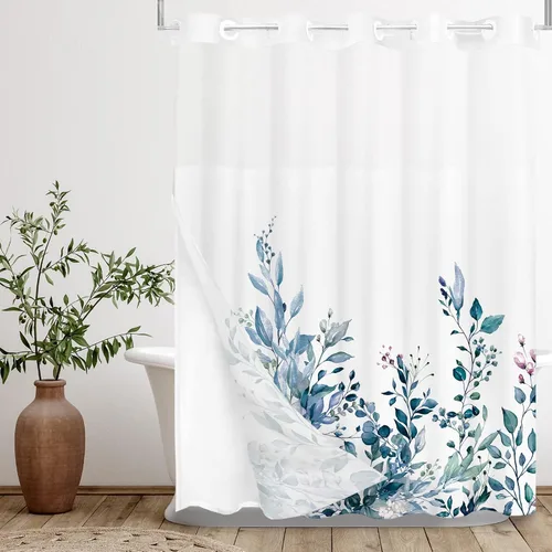 Vista 22 de Tititex - Juego de cortinas de ducha de eucalipto negro, hojas de acuarela gris en la parte superior, con decoración floral de baño, 60 x 72
