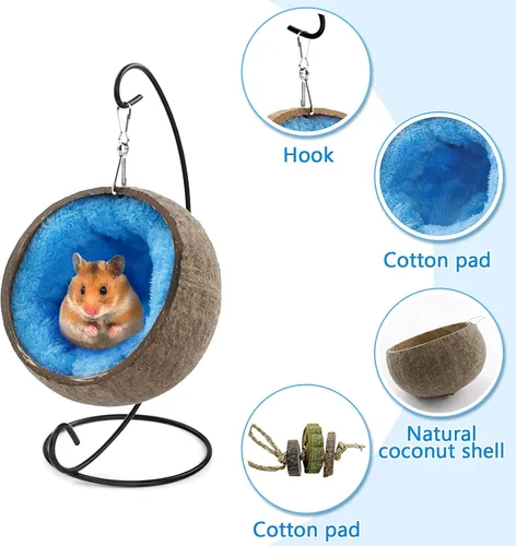 Vista 5 de Ranslen Hamster de coco natural con suspensión de juguete molar, casa de cama de hámster con almohadilla cálida, accesorios de decoración de hábitat