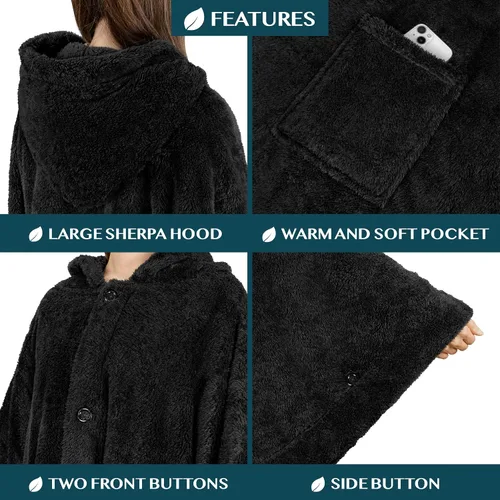Vista 6 de PAVILIA Angel Wrap Hooded Blanket Poncho, Wearable Blanket Throw Wrap Poncho for Women Adult, Cozy Fluffy Sherpa Shawl Cape